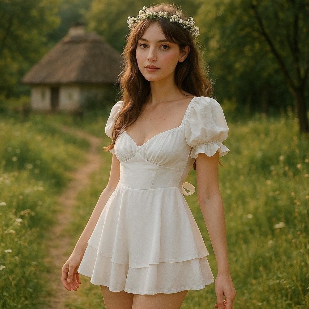 Women's White Tiered Romper Size S Boho Sweetheart Neckline Flowy Cottagecore